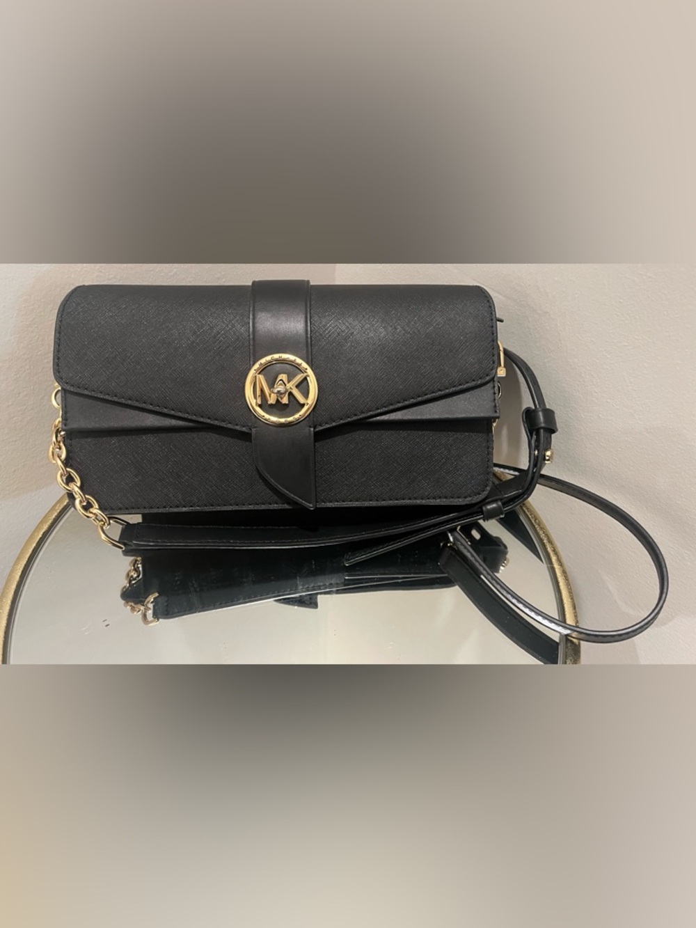 Michael Kors Black Saffiano Crossbody with Gold MK Medallion